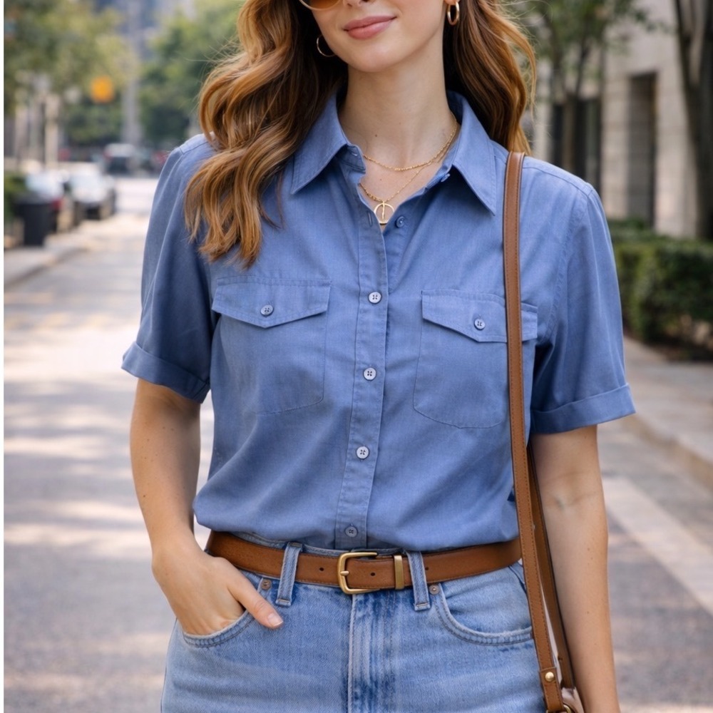 Reve Mens Blue Short Sleeve Button Down Utility Shirt Size M Dual Chest Pockets